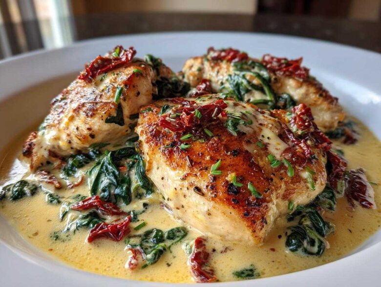 Close-up of seared chicken breasts covered in a creamy Tuscan sauce with spinach and sun-dried tomatoes, our amazing creamy tuscan chicken.