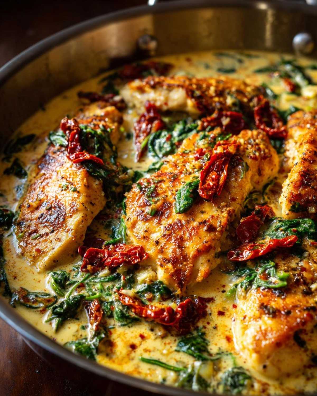 Close-up of seared chicken breasts simmering in a rich, creamy Tuscan sauce with spinach and sun-dried tomatoes, featuring creamy tuscan chicken.