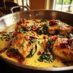 Four golden-brown chicken breasts simmering in a rich, creamy Tuscan sauce with spinach and sun-dried tomatoes, ready to serve.