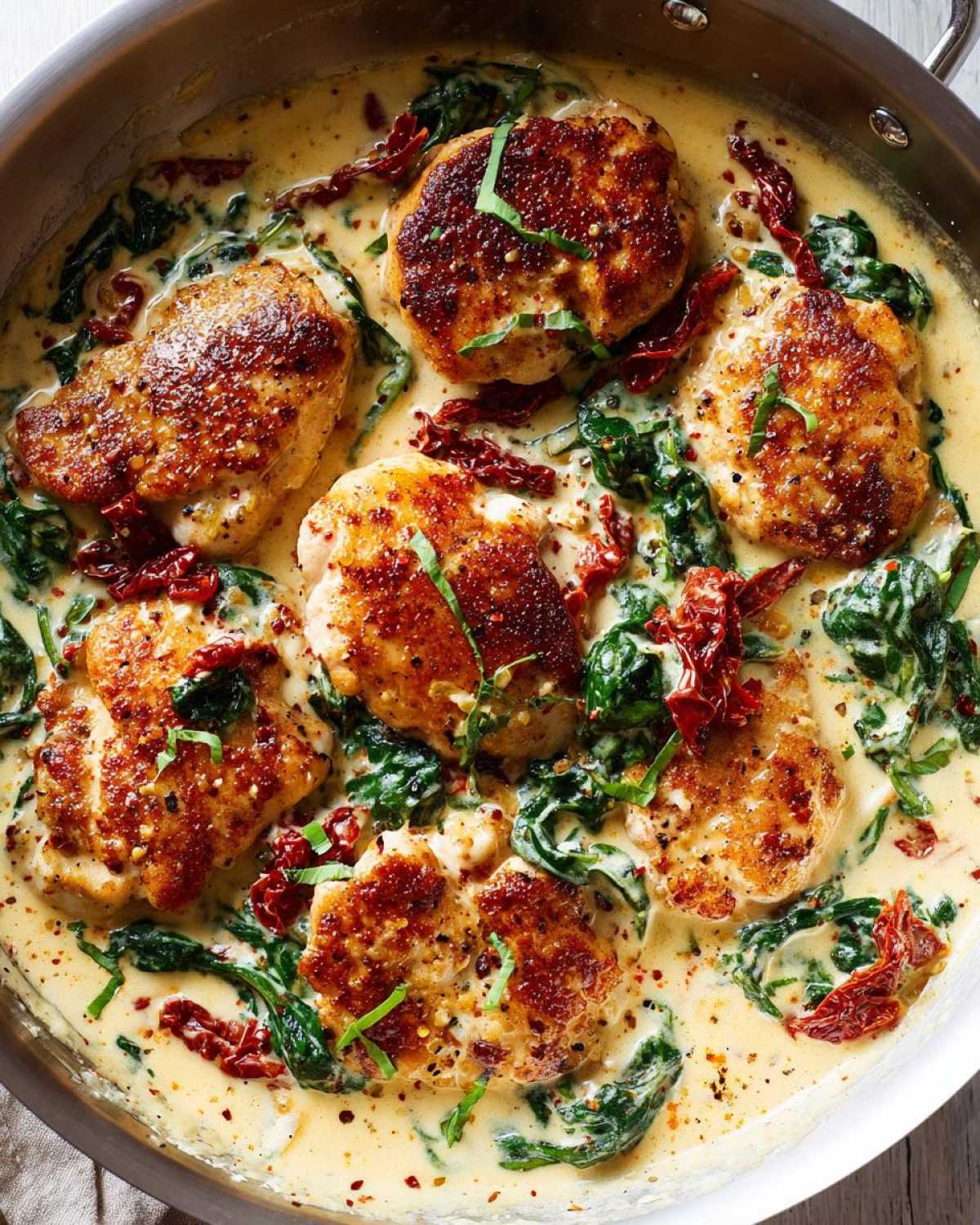 Close-up overhead view of pan-seared chicken pieces simmering in a rich, creamy Tuscan chicken sauce with spinach and sun-dried tomatoes.