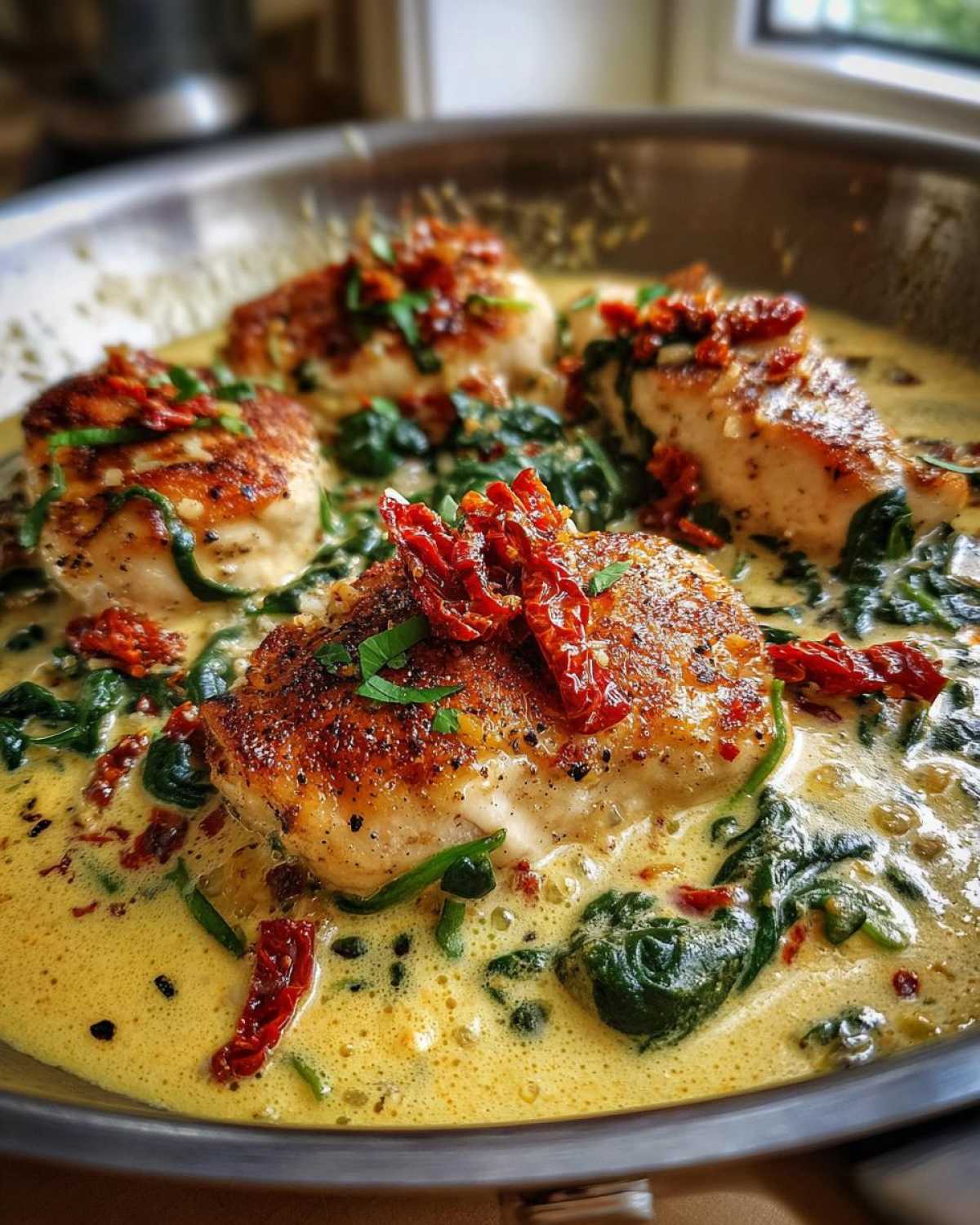 Four pieces of seared chicken breast swimming in a rich, creamy Tuscan sauce with spinach and sun-dried tomatoes.