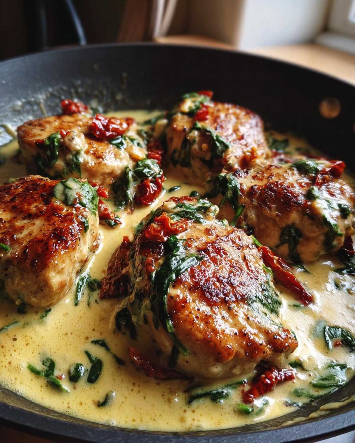 Four golden-brown pieces of creamy Tuscan chicken simmering in a rich, yellow cream sauce with spinach and sun-dried tomatoes.