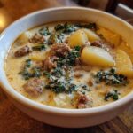 Close-up of a hearty bowl of Zuppa Toscana soup featuring sausage, potatoes, and kale in a creamy broth.