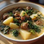 Close-up of a white bowl filled with creamy Zuppa Toscana soup featuring chunks of potato, sausage, and wilted kale.