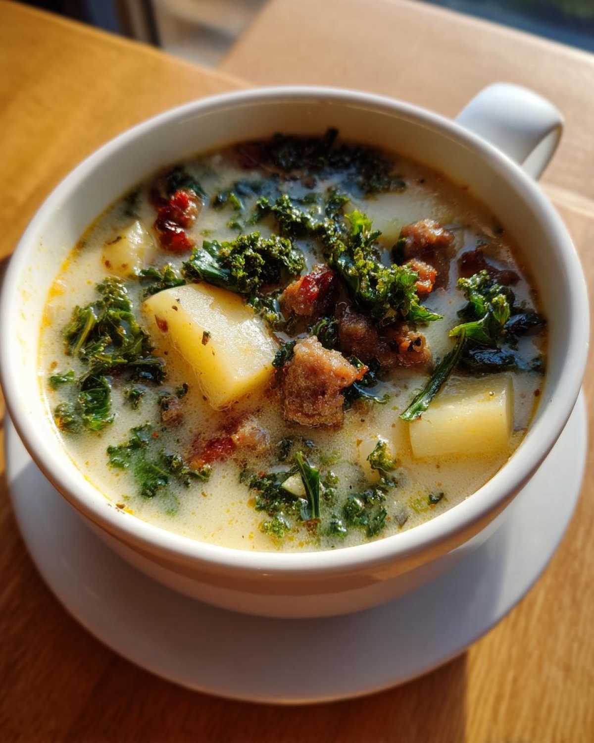 Close-up of a bowl of creamy Zuppa Toscana soup featuring chunks of potato, sausage, and bright green kale.