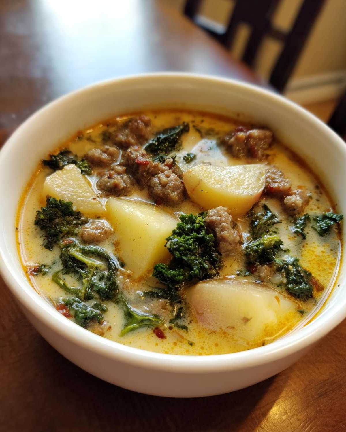 Close-up of a white bowl filled with rich Zuppa Toscana soup featuring sausage, potatoes, and kale in a creamy broth.
