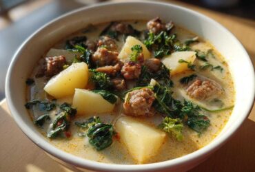 Close-up of a white bowl filled with creamy Zuppa Toscana soup featuring chunks of potato, sausage, and wilted kale.