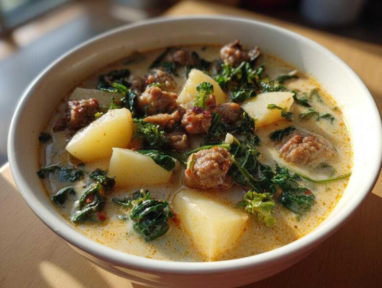 Close-up of a white bowl filled with creamy Zuppa Toscana soup featuring chunks of potato, sausage, and wilted kale.