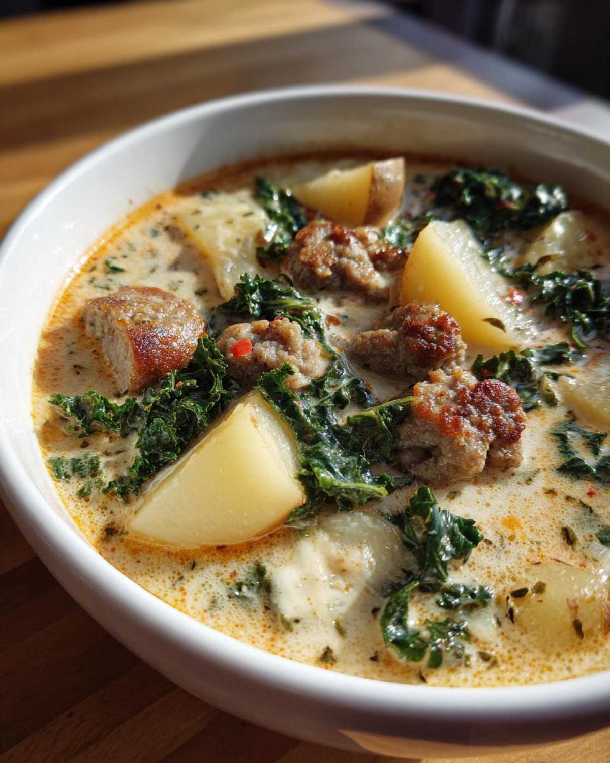 Close-up of a bowl of creamy Zuppa Toscana soup featuring chunks of sausage, potatoes, and dark green kale.