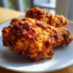 Close-up of two golden, crispy pieces of air fryer fried chicken on a white plate.