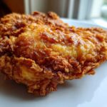 Close-up of a perfectly golden-brown, crispy piece of air fryer fried chicken resting on a white plate.