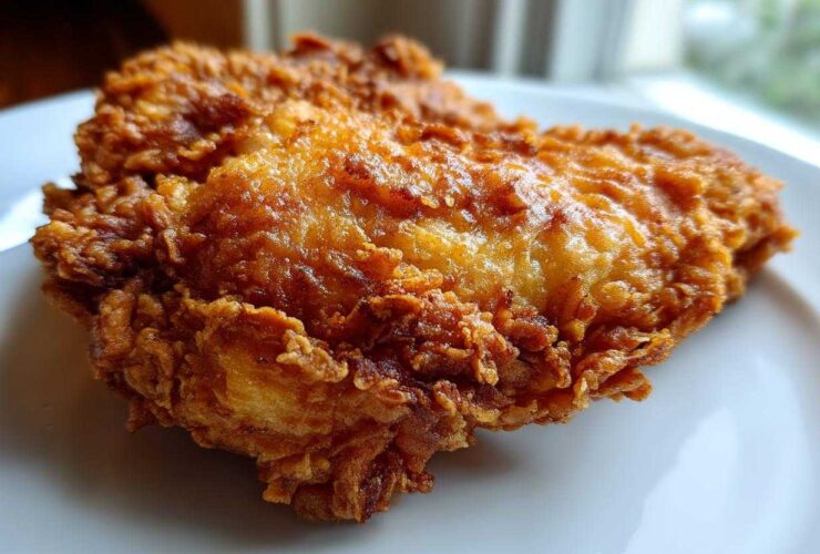 Close-up of a perfectly golden-brown, crispy piece of air fryer fried chicken resting on a white plate.