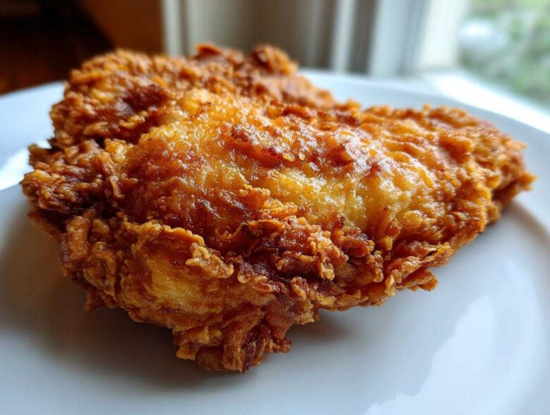 Close-up of a perfectly golden-brown, crispy piece of air fryer fried chicken resting on a white plate.