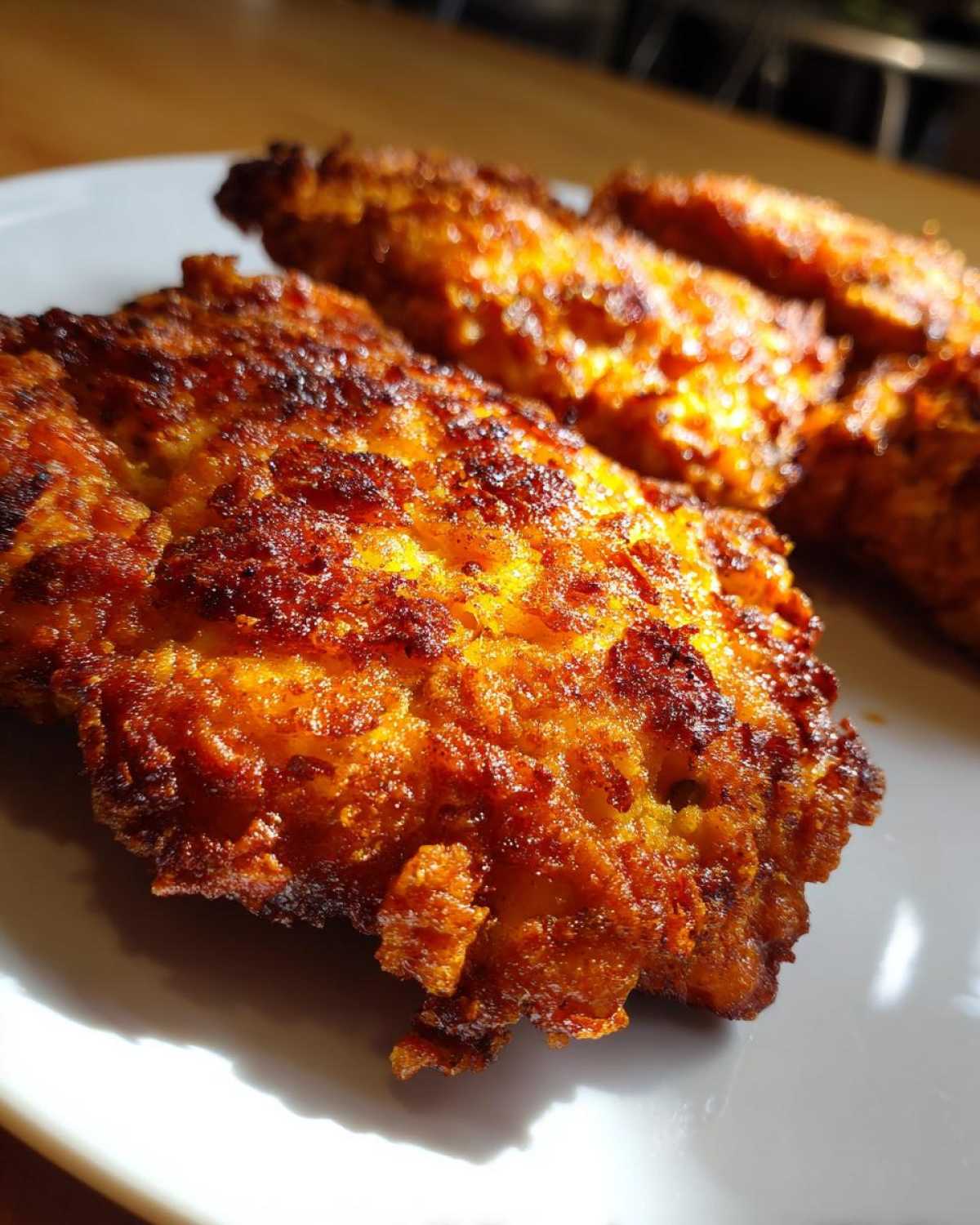 Close-up of golden-brown, crispy pieces of air fryer fried chicken on a white plate.