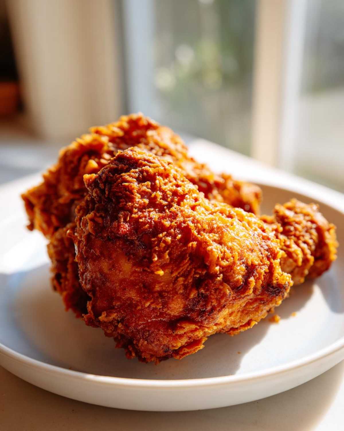 Close-up of two pieces of golden brown, crispy air fryer fried chicken served on a light-colored plate.