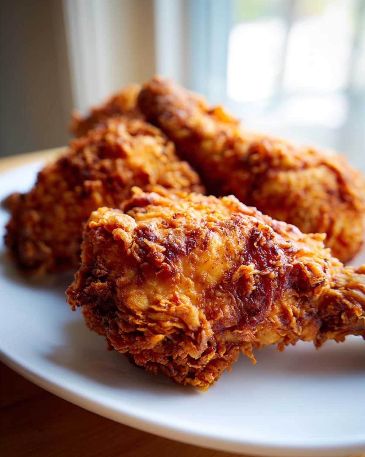 Close-up of golden brown, crispy air fryer fried chicken pieces served on a white plate.