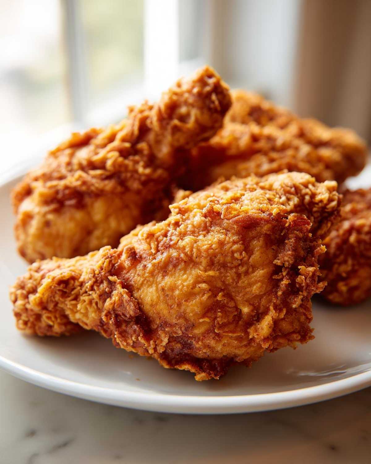 Close-up of several pieces of golden brown, crispy air fryer fried chicken served on a white plate.