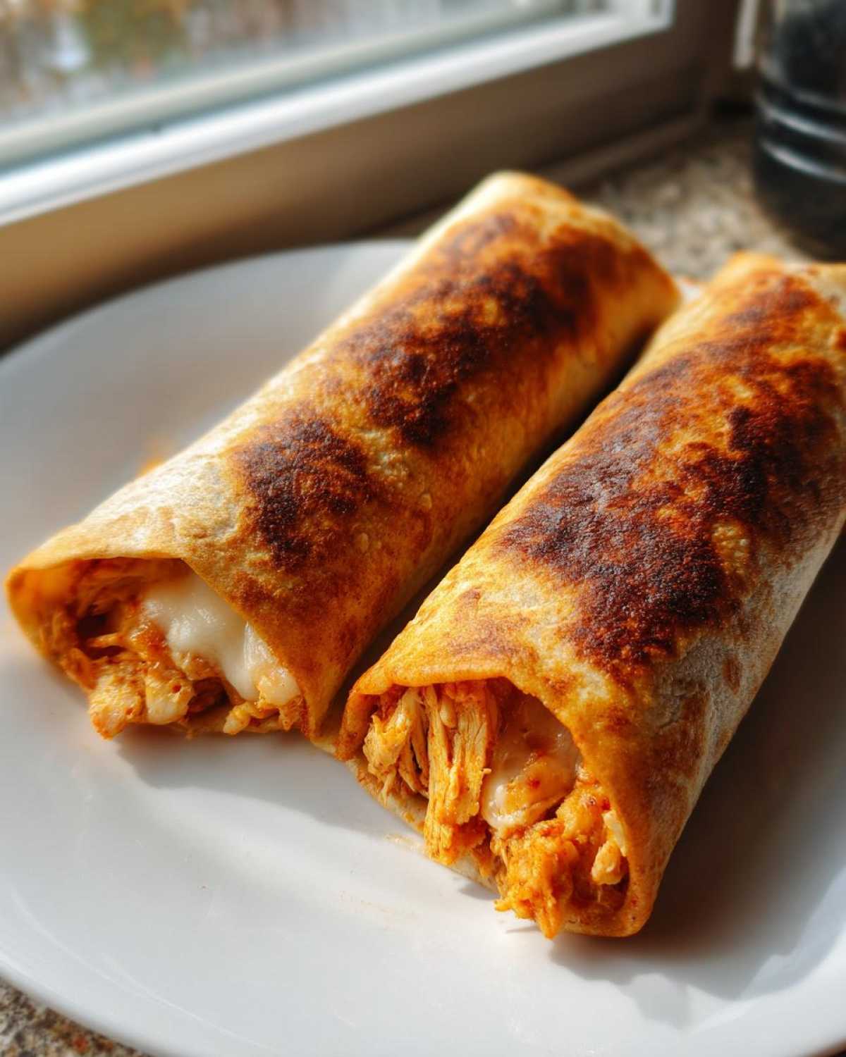 Two golden brown, crispy Baked Chicken Chimichangas filled with shredded chicken and melted cheese, resting on a white plate.