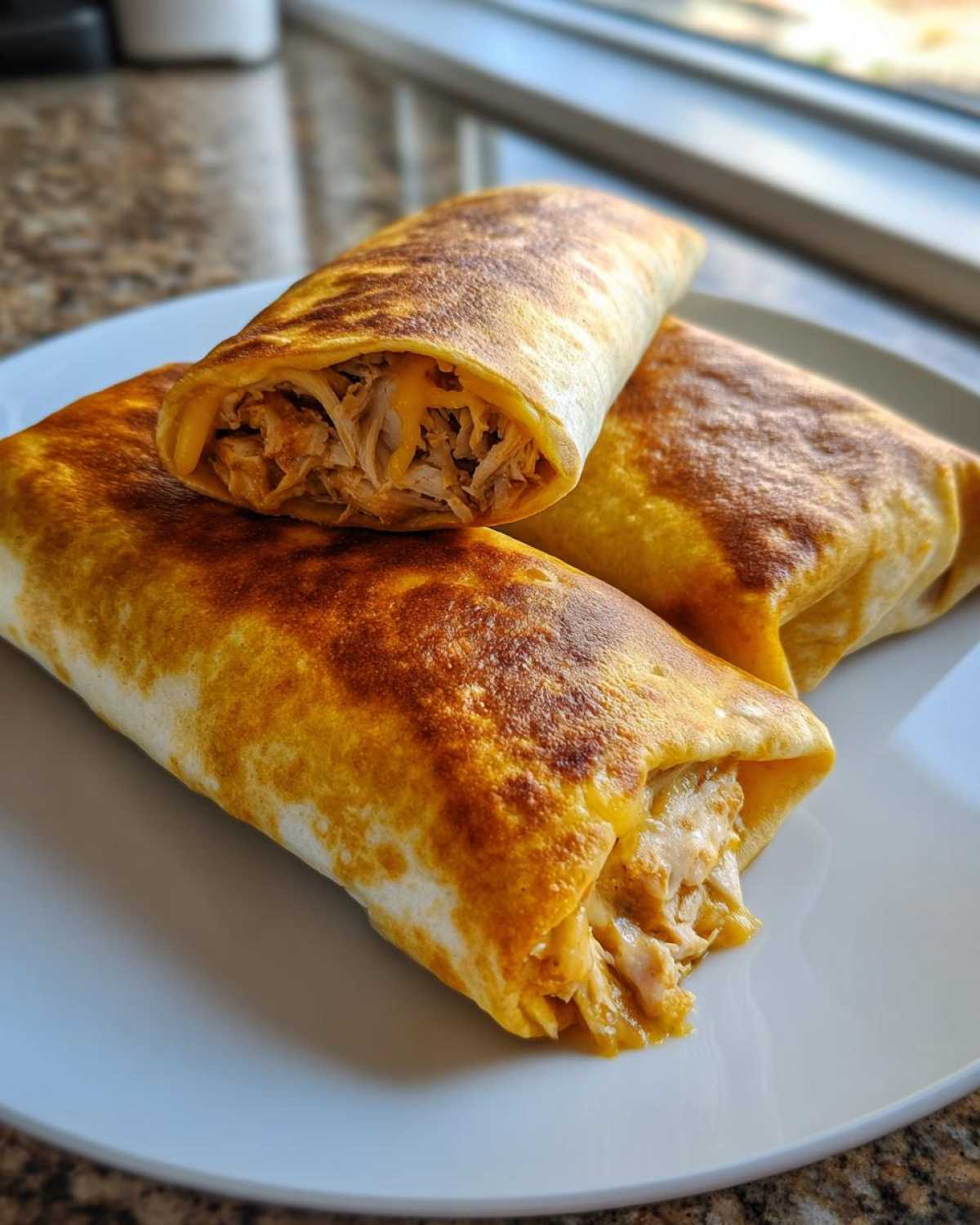 Three golden brown Baked Chicken Chimichangas stacked on a white plate, showing shredded chicken and cheese filling.