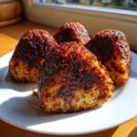 Four perfectly grilled, crispy rice balls with a dark, caramelized crust served on a white plate.