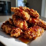 A pile of crispy, sesame-crusted hot honey chicken tenders drizzled with sweet, sticky glaze.