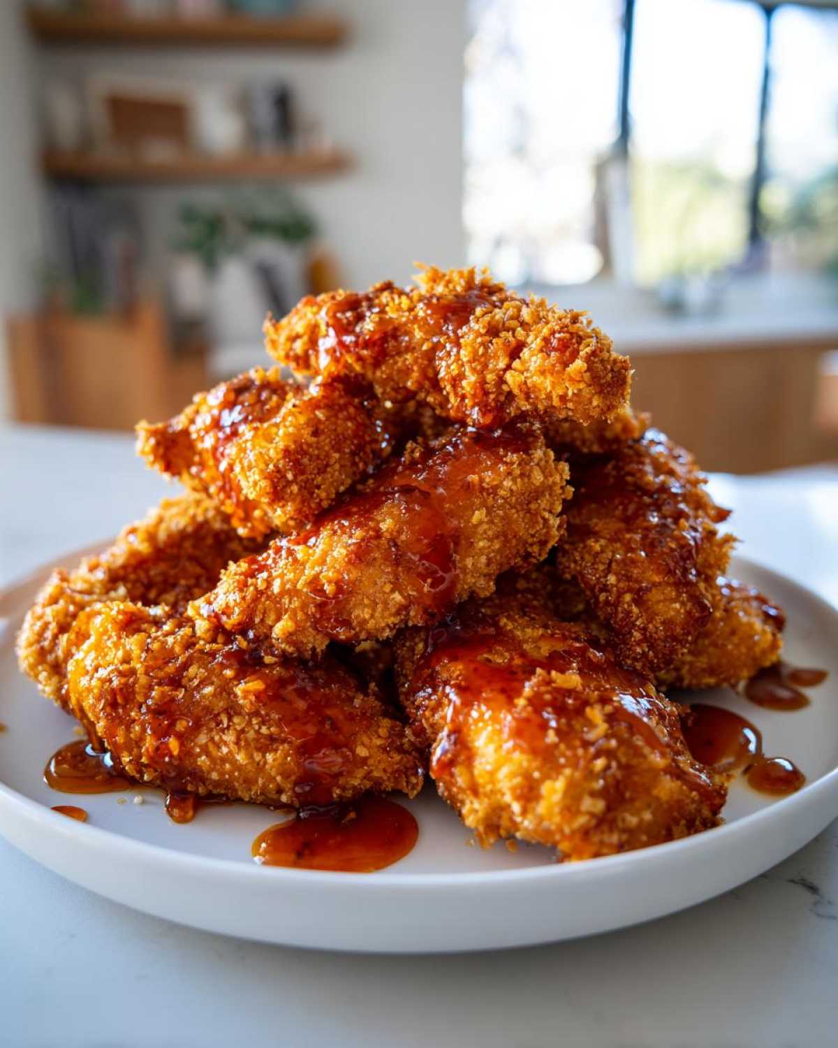 A mound of crispy, golden-brown hot honey chicken tenders drizzled with sticky sauce on a white plate.