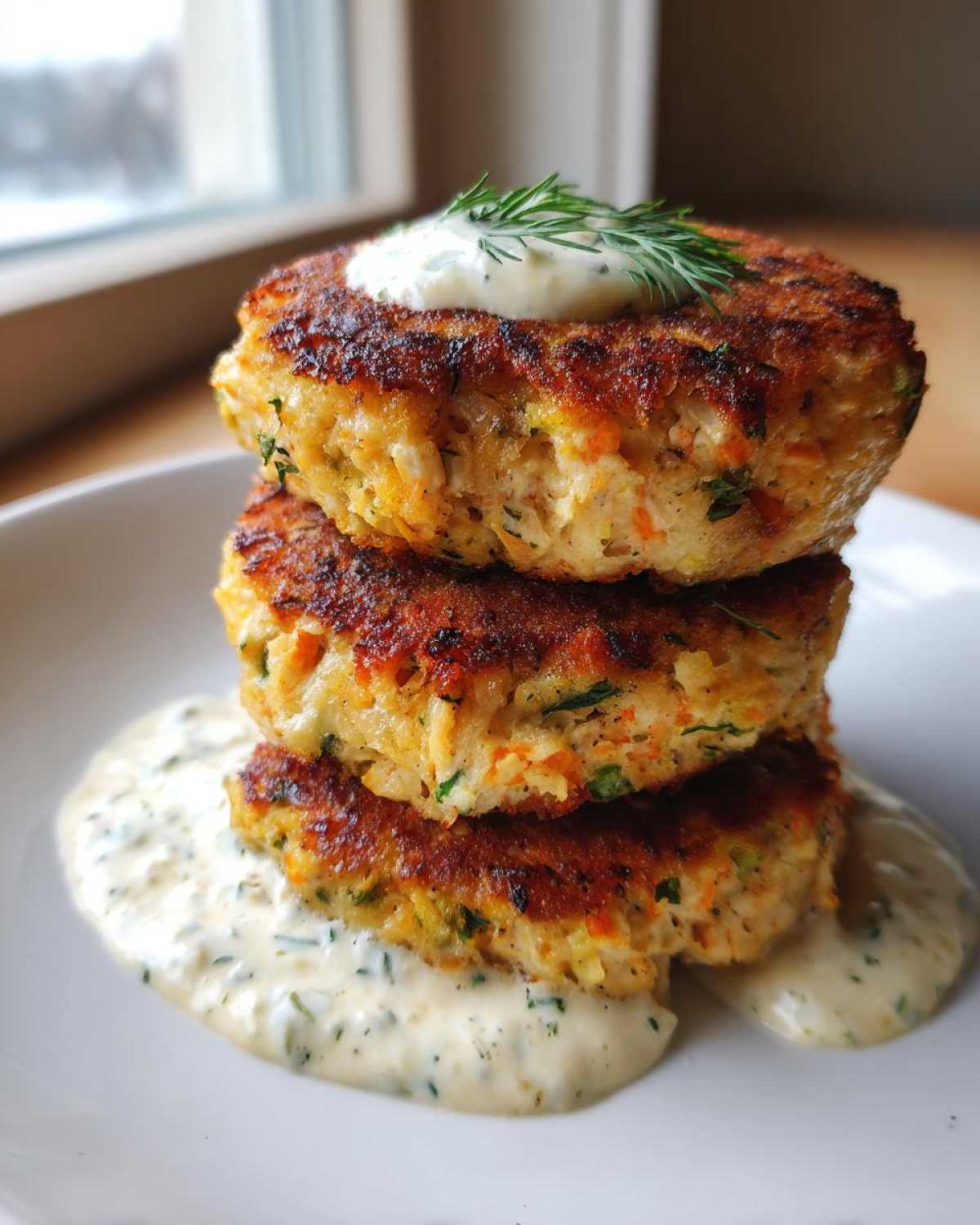 Three crispy salmon cakes stacked high on a white plate, drizzled with creamy dill sauce.
