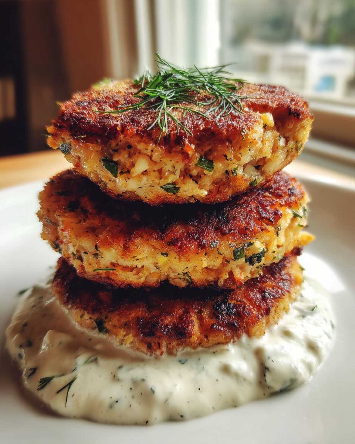 Three golden brown, crispy salmon cakes stacked vertically on a bed of creamy dill sauce.