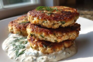 A stack of three golden-brown, crispy salmon cakes resting on a bed of creamy dill sauce, garnished with fresh dill.