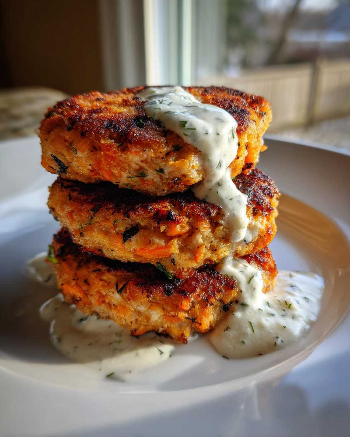 Three crispy salmon cakes stacked high and drizzled with creamy dill sauce.