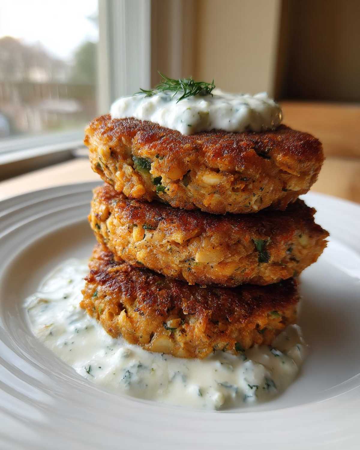 Three crispy, golden brown salmon cakes stacked high and topped with creamy dill sauce.