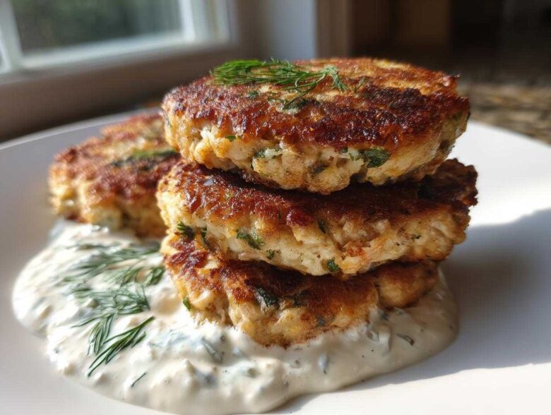 A stack of three golden-brown, crispy salmon cakes resting on a bed of creamy dill sauce, garnished with fresh dill.