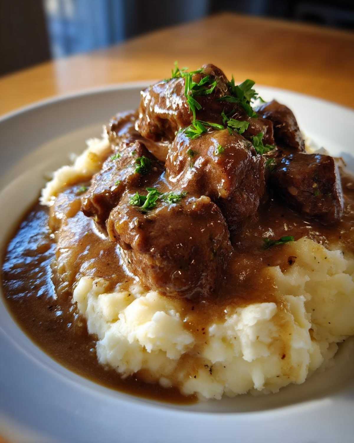 Tender crockpot beef tips smothered in rich brown gravy served over creamy mashed potatoes and garnished with parsley.