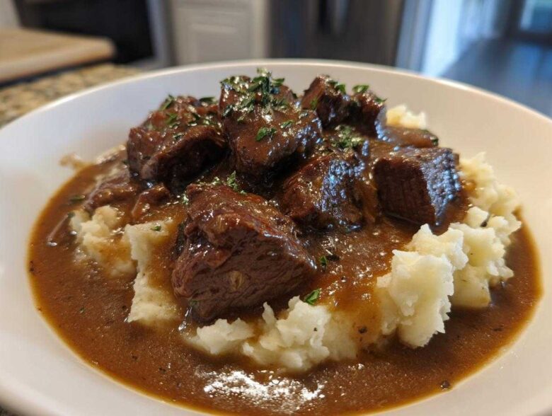 Close-up of tender crockpot beef tips smothered in rich brown gravy served over creamy mashed potatoes.
