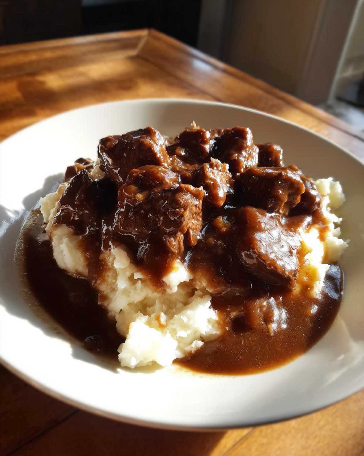 Close-up of tender crockpot beef tips smothered in rich brown gravy served over creamy mashed potatoes.