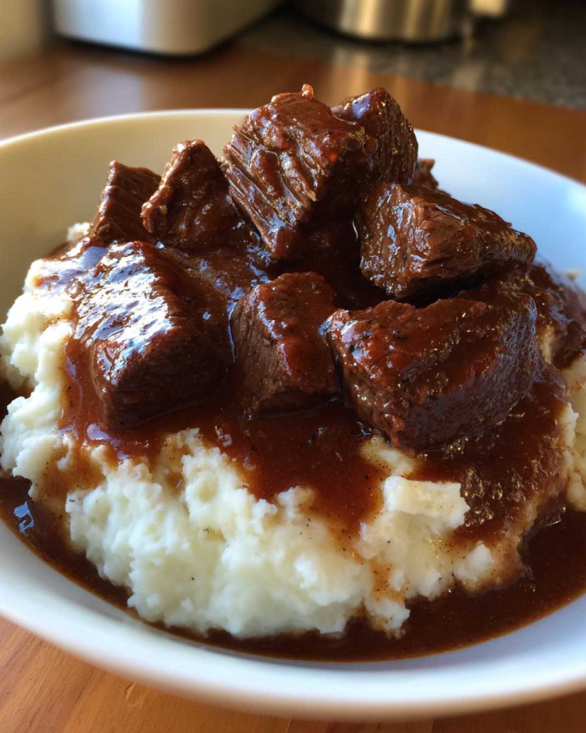 Close-up of tender crockpot beef tips covered in rich gravy served over a mound of creamy mashed potatoes.