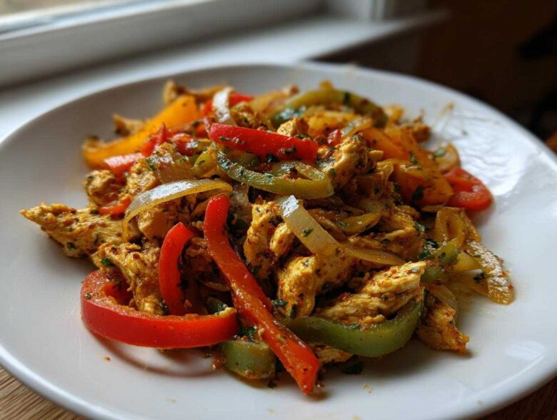 Close-up of seasoned chicken strips mixed with red, green, and yellow peppers and onions for crockpot chicken fajitas.