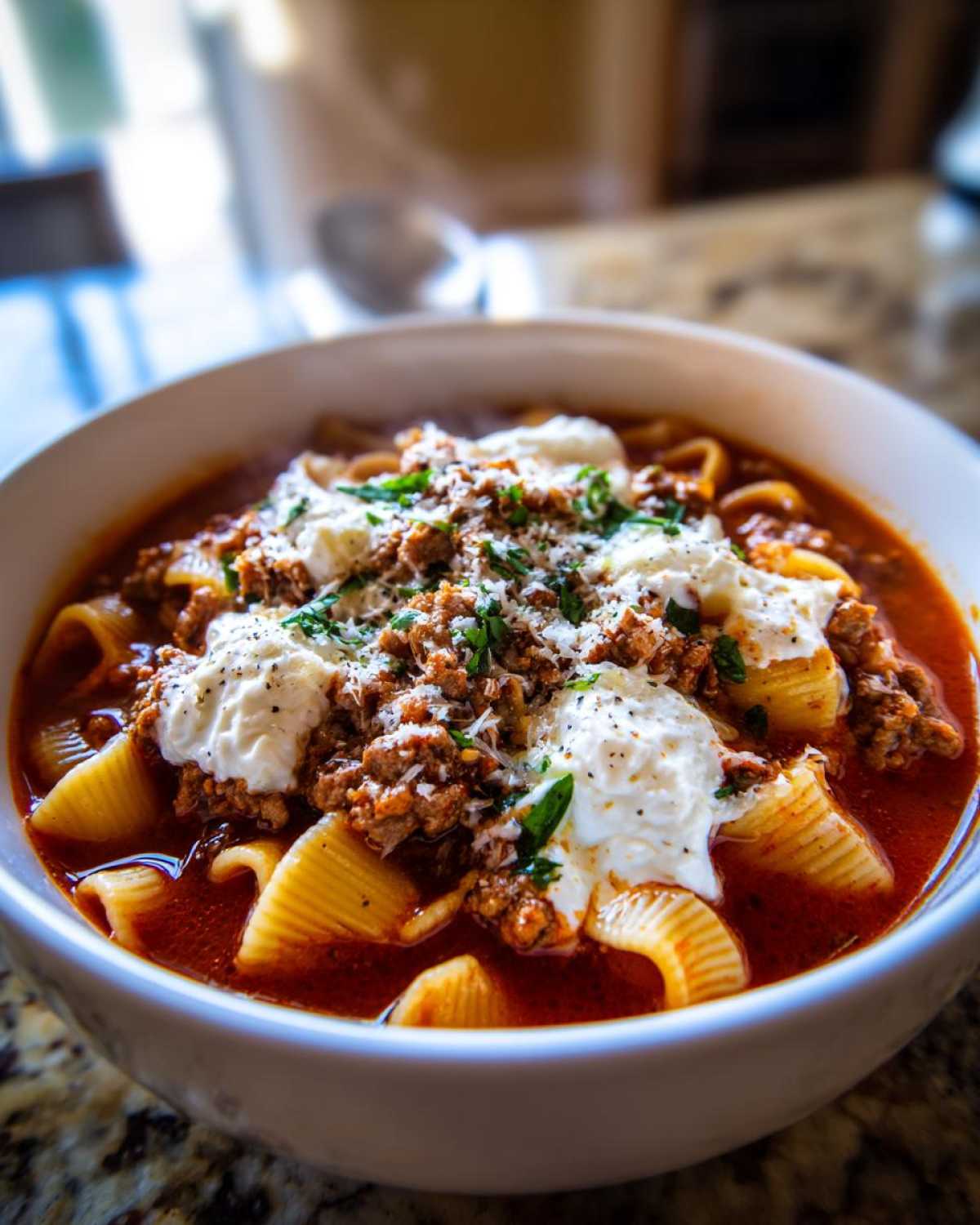 Close-up of a bowl of hot crockpot lasagna soup topped with ground meat, ricotta cheese, and parsley.