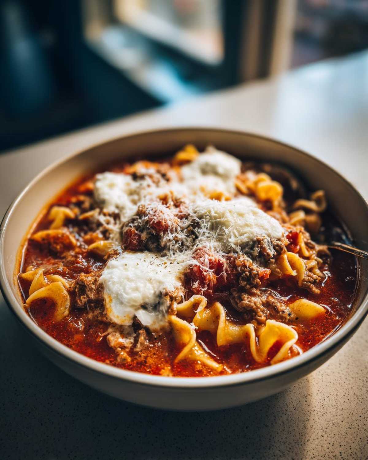 Close-up of a bowl of rich crockpot lasagna soup topped with dollops of ricotta and grated parmesan cheese.