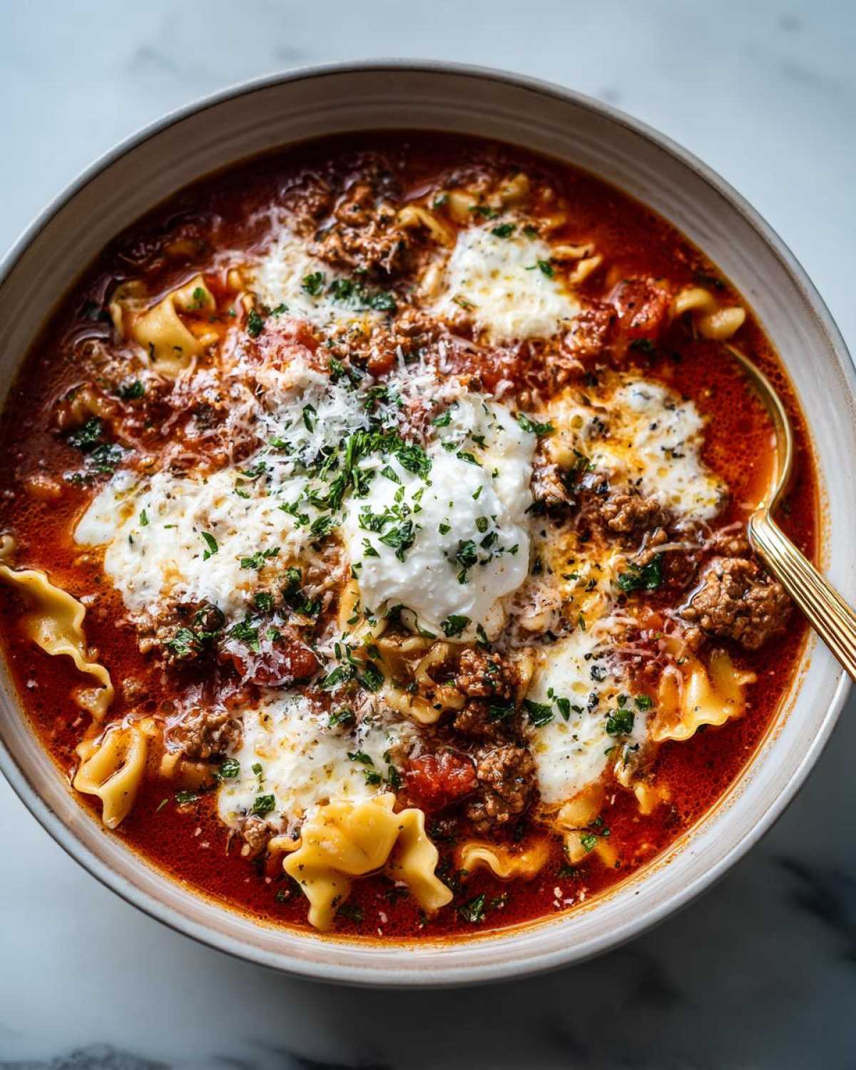Close-up of a bowl of rich crockpot lasagna soup topped with dollops of ricotta, ground beef, and fresh parsley.
