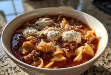 A close-up of a white bowl filled with rich, red crockpot lasagna soup, topped with dollops of ricotta and shredded Parmesan cheese.