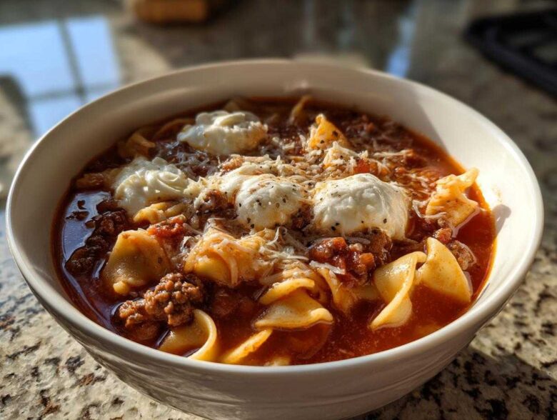 A close-up of a white bowl filled with rich, red crockpot lasagna soup, topped with dollops of ricotta and shredded Parmesan cheese.
