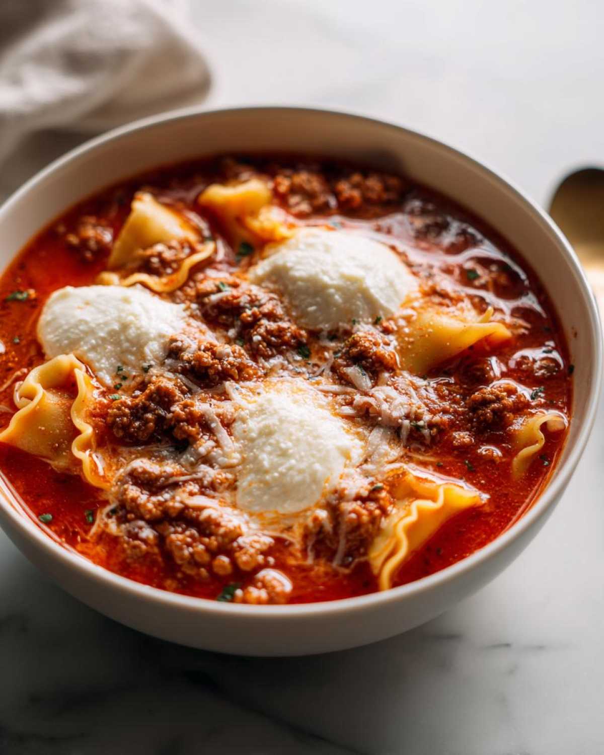 Close-up of a bowl of rich crockpot lasagna soup topped with dollops of ricotta cheese and meat sauce.
