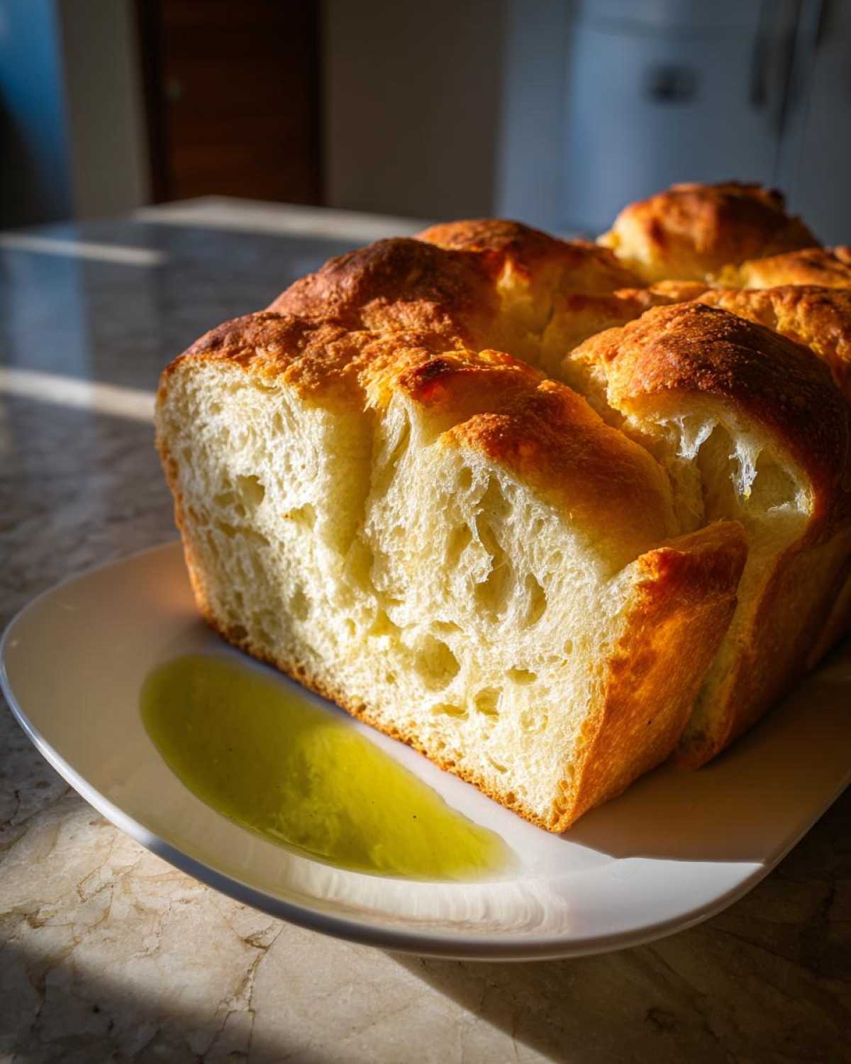 A thick slice of crusty Italian bread showing its airy interior, served on a white plate with a pool of olive oil.