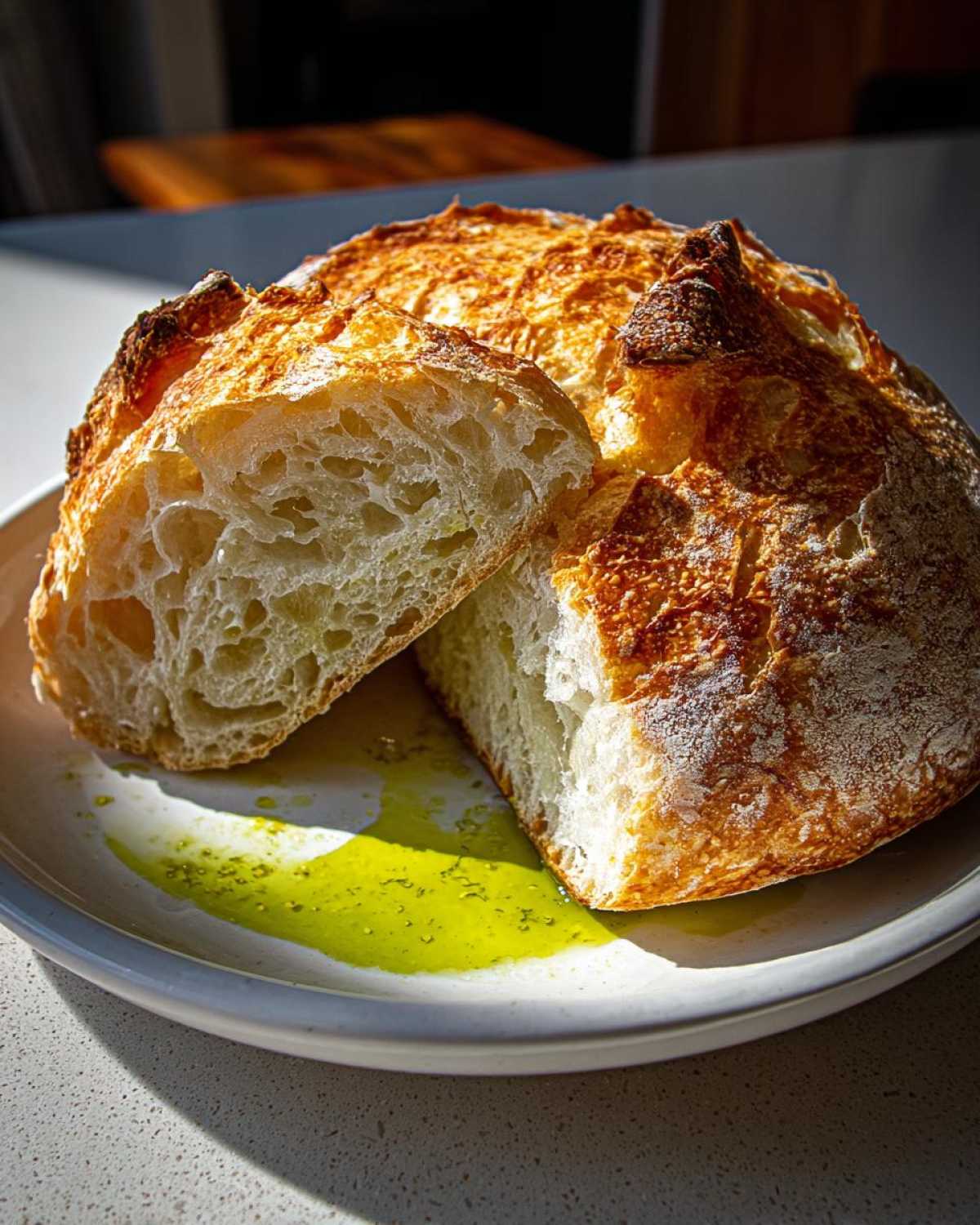 A loaf of crusty Italian bread, sliced open to show the airy crumb, resting in olive oil on a white plate.