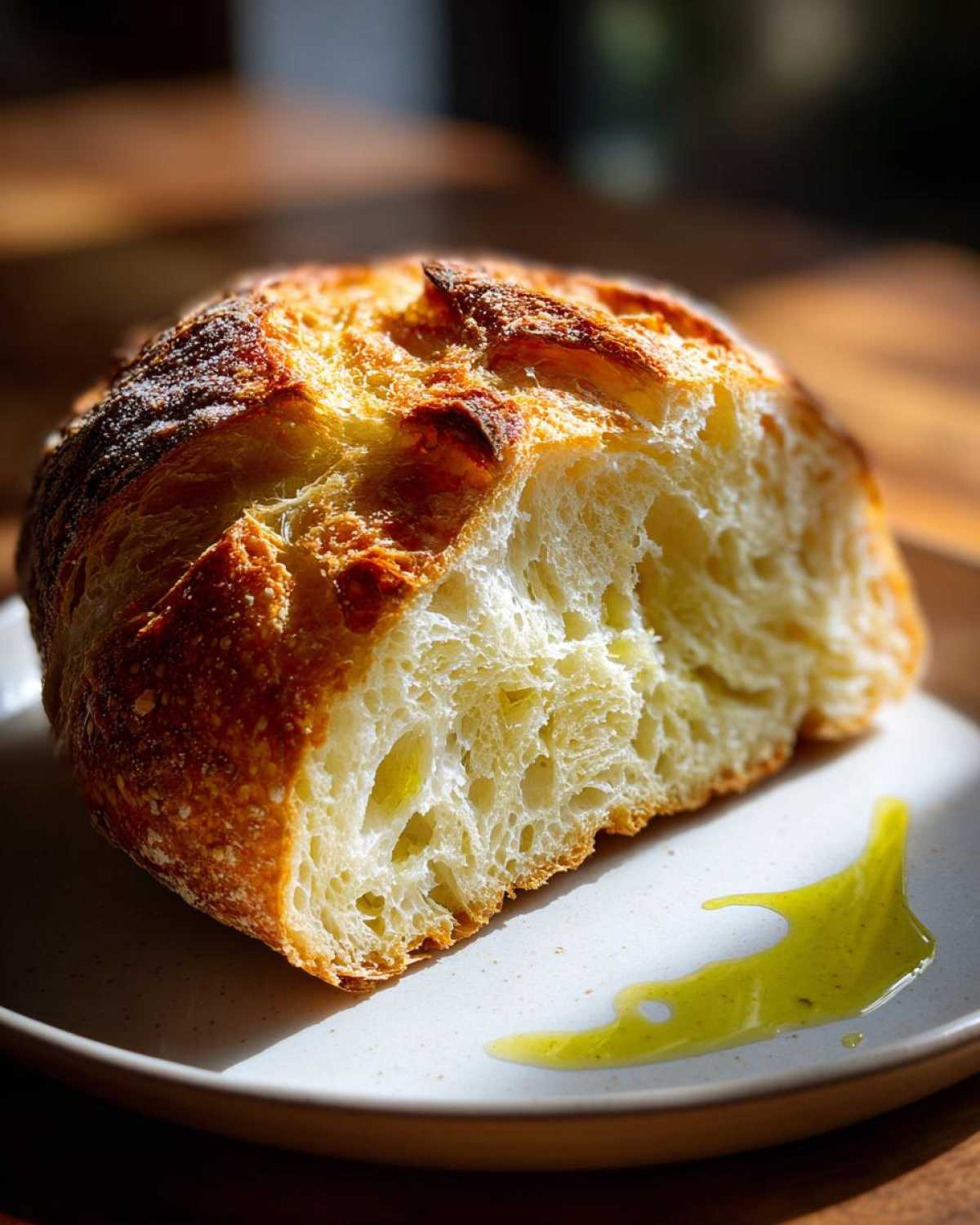 A close-up of a freshly baked Italian bread slice showing its airy crumb next to a drizzle of green olive oil.