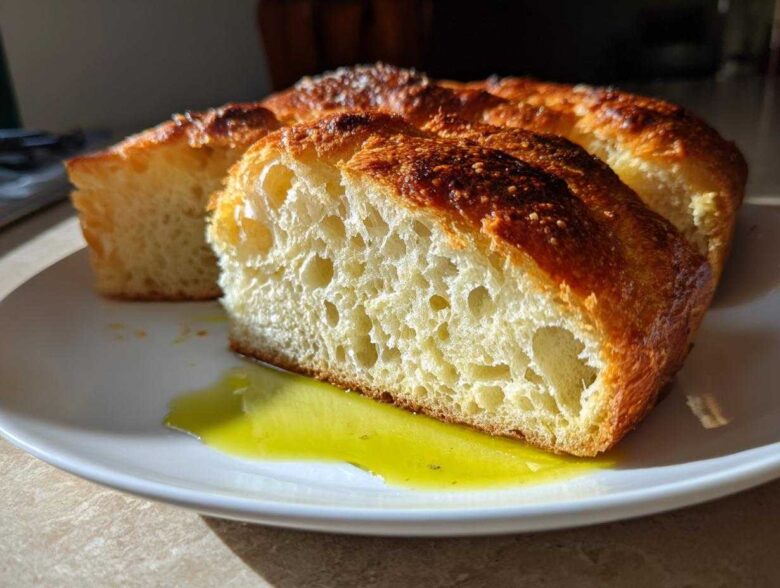 Close-up of a thick slice of crusty Italian bread showing an open, airy crumb dipped in bright green olive oil.