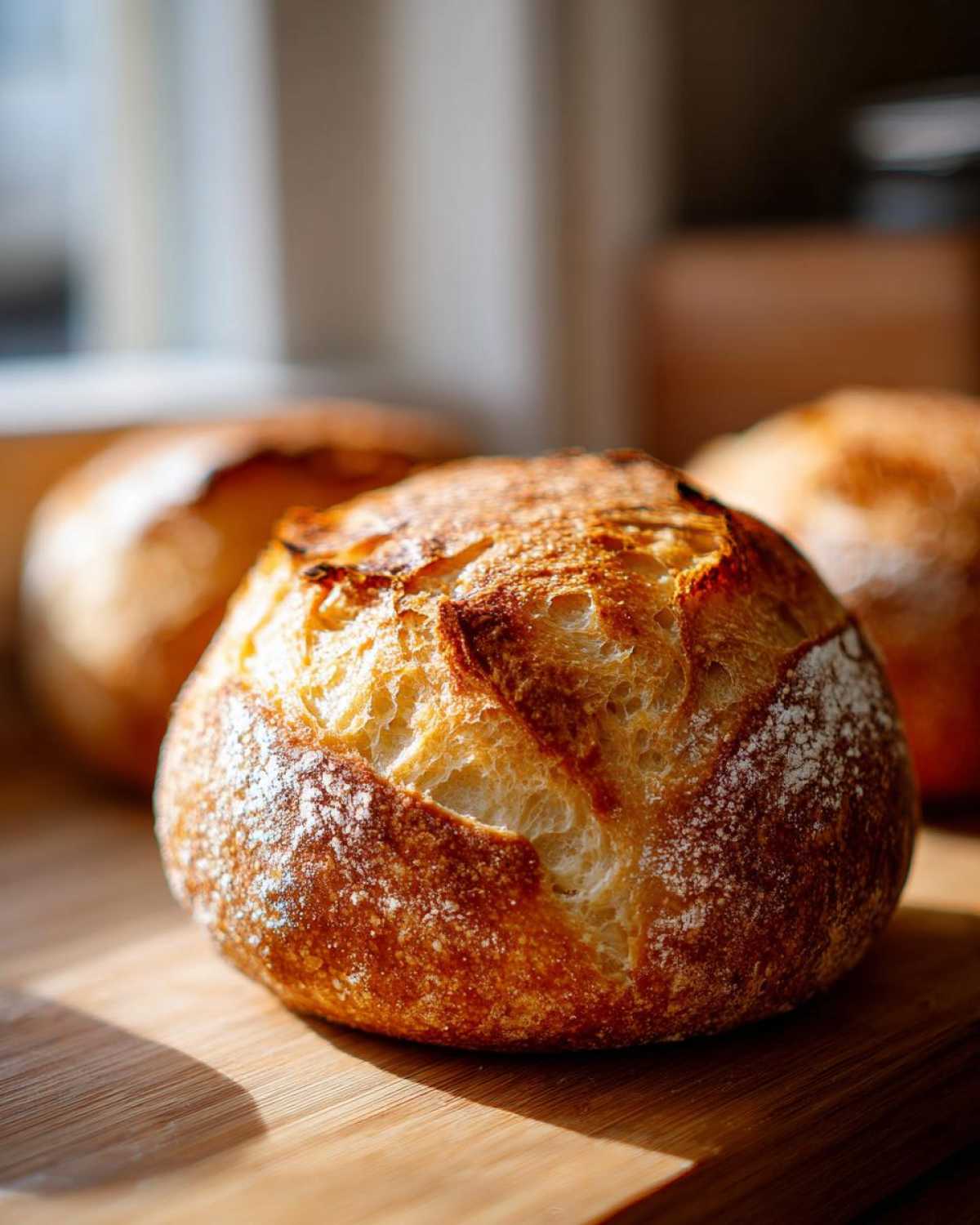 Close-up of a golden, crusty round loaf of bread, perfect for making bread bowls.