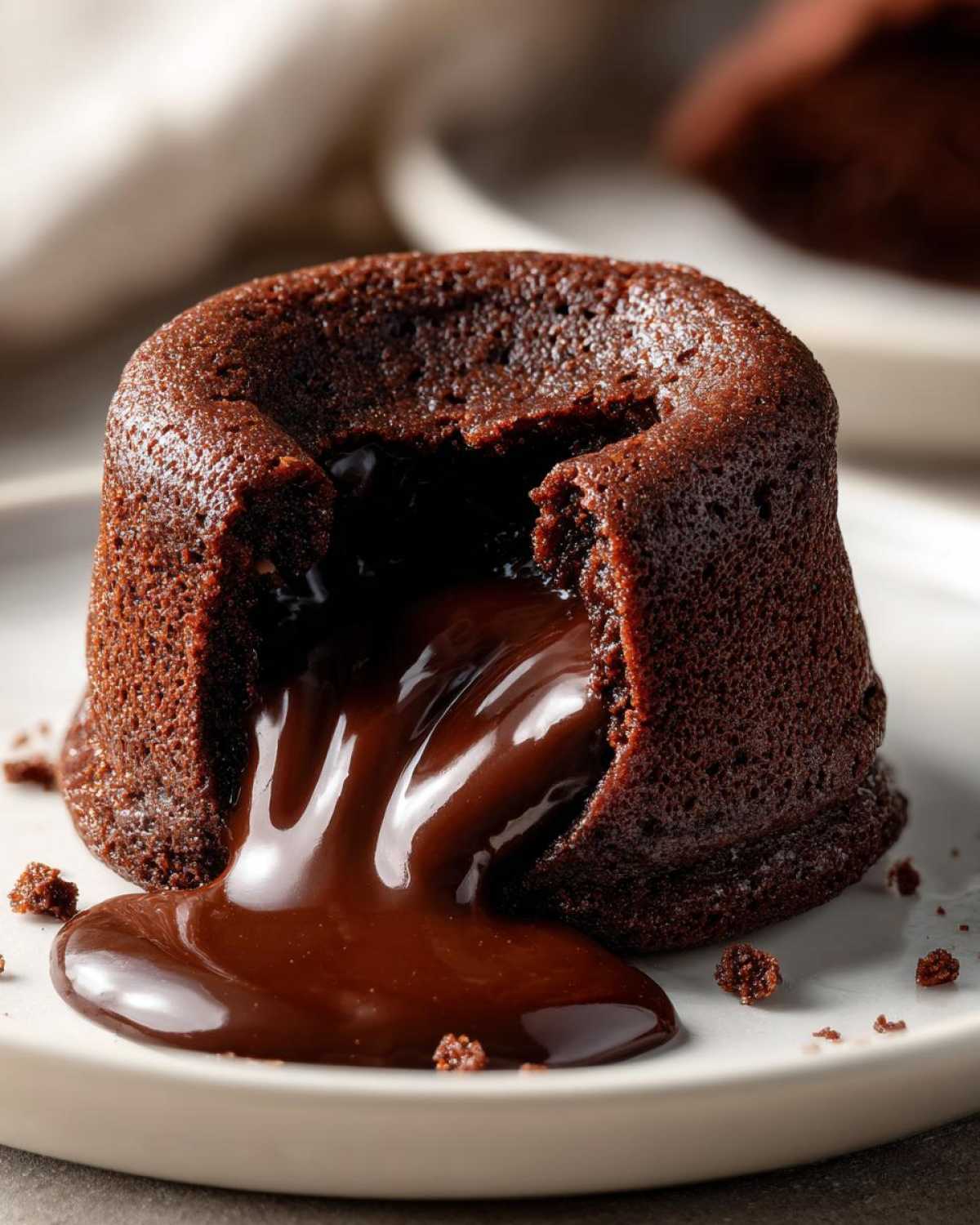 Close-up of a freshly baked chocolate lava cake with molten chocolate oozing out onto a white plate.