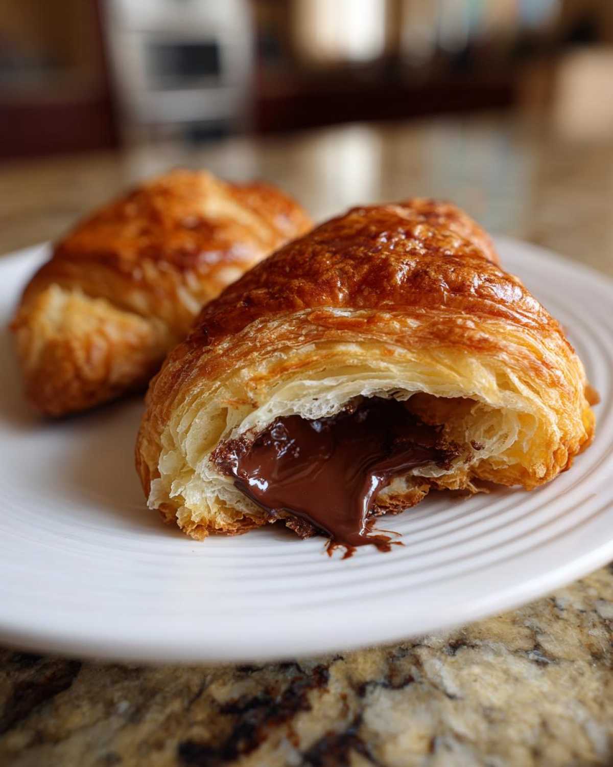Close-up of an easy chocolate croissant cut open, showing rich, melted chocolate oozing out onto a white plate.